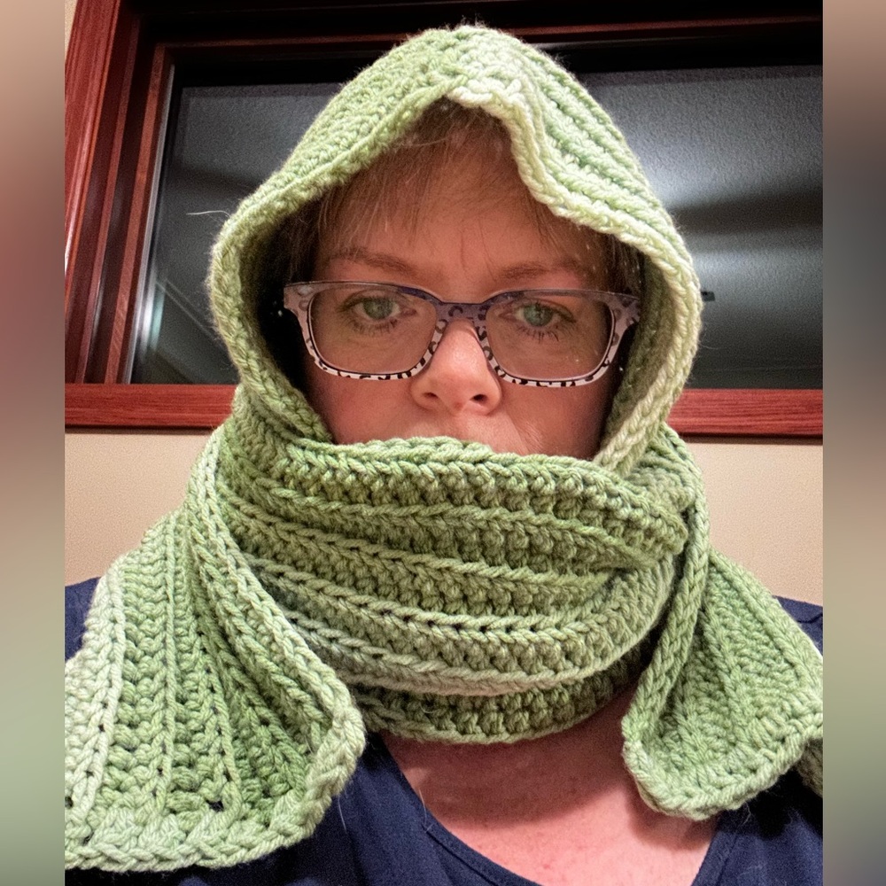 Hand made crocheted Hooded scarf and mittens